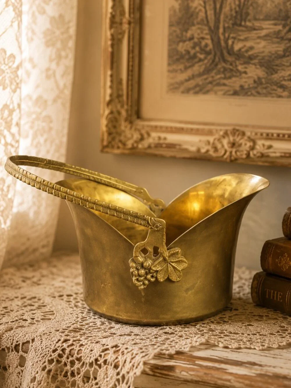 Vintage Solid Brass Basket Planter With Braided Handle and Grape Details